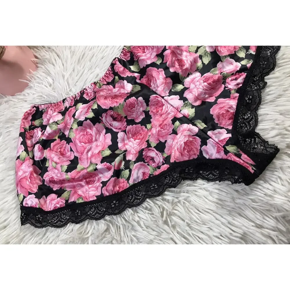 Y2K Women's Satin Silk like feel Floral Lace Trim Shorts Size L Lingerie Style